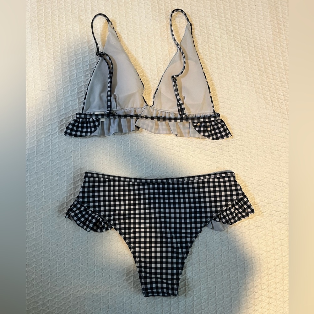 Gingham Ruffle Hems Triangle High Rise Bikini Set - Picture 2 of 2